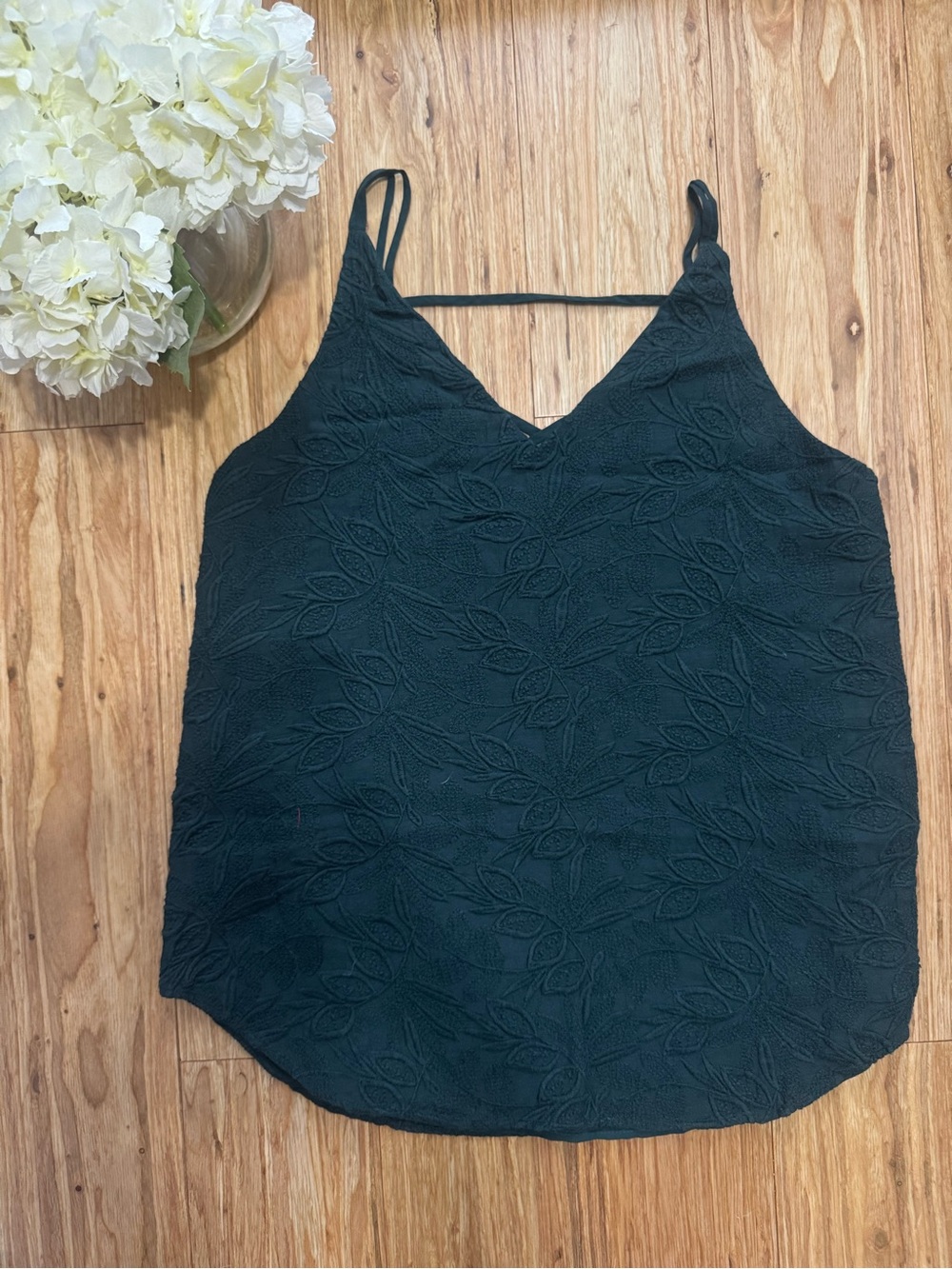 LOFT Green Strappy Tank with Floral Details